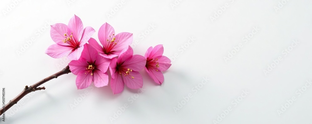 A solitary blooming branch against a plain white surface, bougainvillea, garden A solitary blooming branch against a plain white surface, bougainvillea, garden