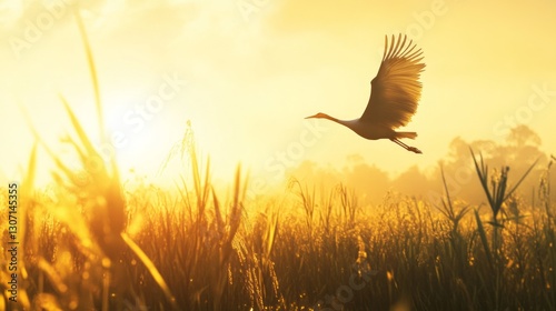 Crane flying over rice fields at sunrise, warm golden light, deep green and amber tones, and peaceful agricultural atmosphere, wide-angle shot.