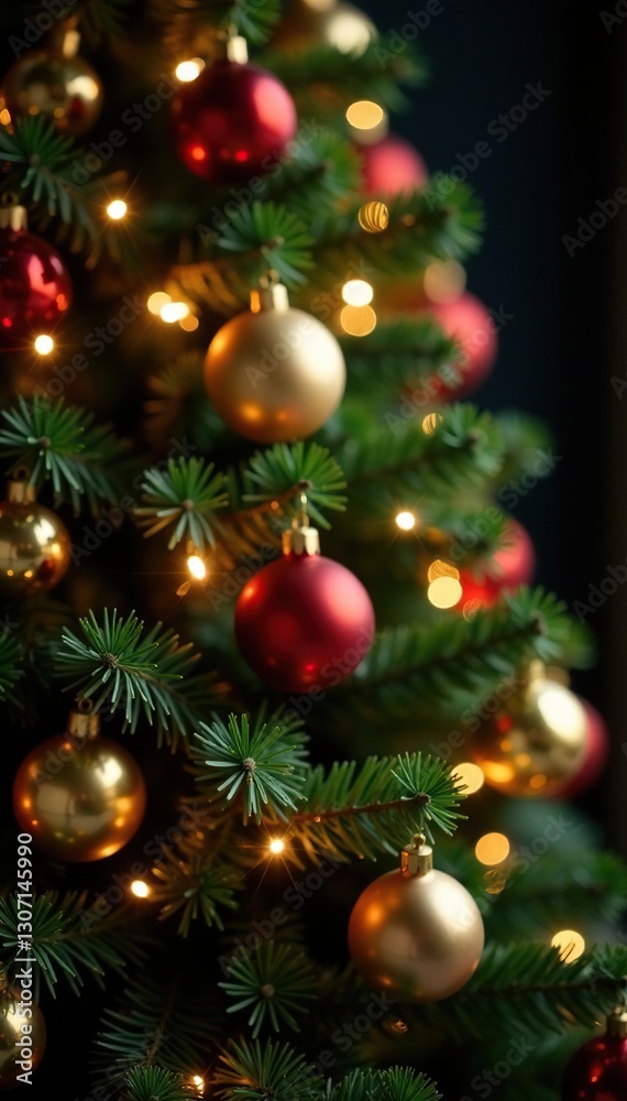 Sparkling golden ornaments adorning a tall Christmas tree, sparkle, tree, twinkling Sparkling golden ornaments adorning a tall Christmas tree, sparkle, tree, twinkling