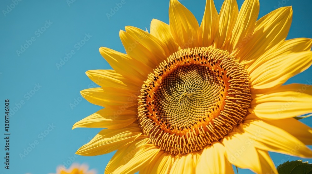 A vibrant sunflower blooms against a clear blue sky, showcasing its golden petals and intricate seed pattern. A vibrant sunflower blooms against a clear blue sky, showcasing its golden petals and intricate seed pattern.