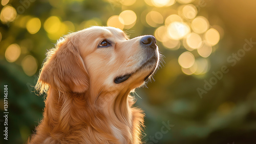 A golden retriever gazes peacefully into the distance, surrounded by warm sunlight and a soft bokeh background of nature.