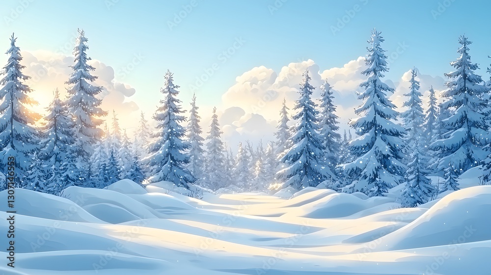Fototapeta premium A serene and snowy winter scene with many evergreen trees