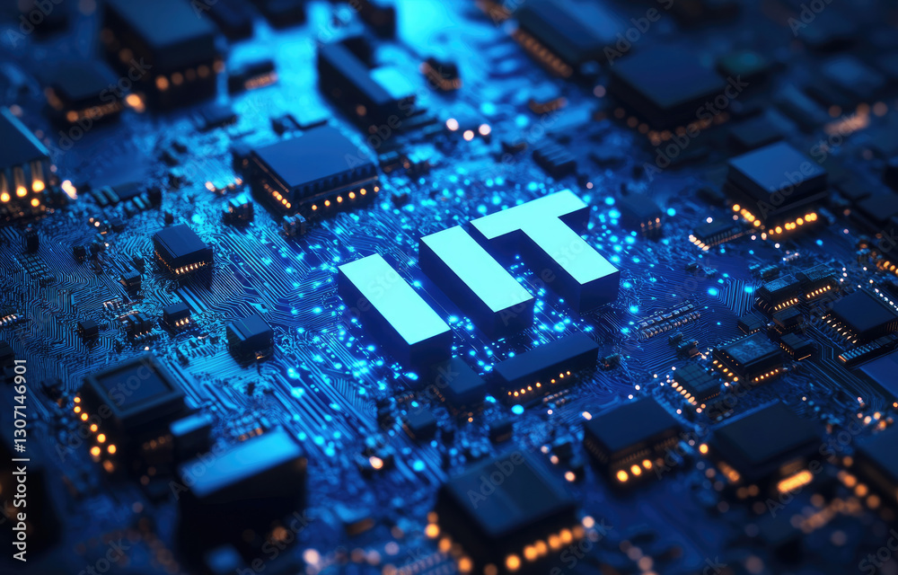 Close-up view of a circuit board featuring illuminated components and the acronym IIT, showcasing technology innovation Close-up view of a circuit board featuring illuminated components and the acronym IIT, showcasing technology innovation