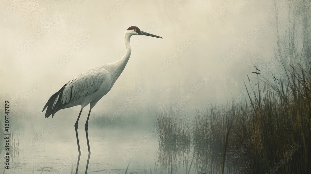 Naklejka premium Crane standing alone in foggy wetland, soft natural light, muted gray and green tones, and quiet mysterious atmosphere, eye-level perspective.