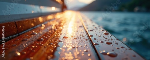 Deck surface glistening with rainwater droplets, reflection, water, boat