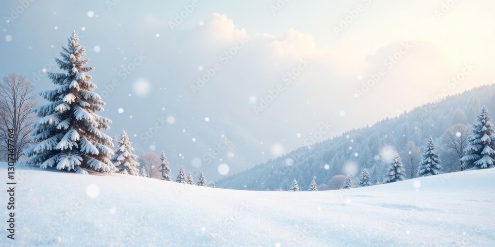 Fototapeta premium Serene Winter Landscape Snow-Covered Evergreens and Gently Falling Snow on a Snowy Hillside Under a Softly Lit Sky