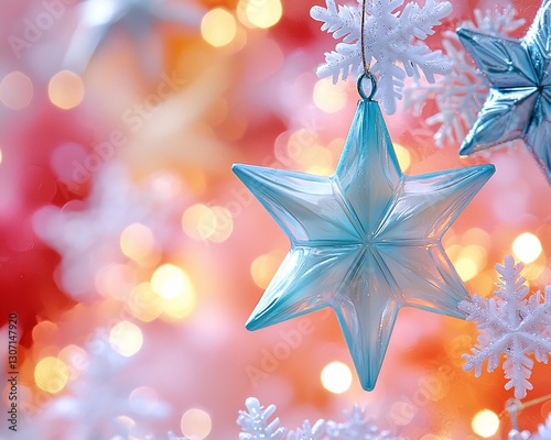 Light blue star ornament hanging on blurred bokeh background.