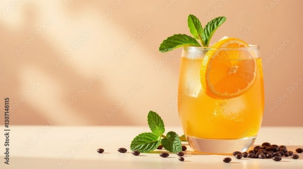 Fototapeta premium Refreshing Citrus Beverage with Ice and Mint Garnish, Served in a Glass with Coffee Beans