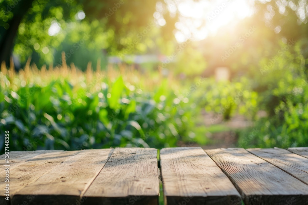 Wooden Table Surface with Garden View and Sunlight for Product Display Wooden Table Surface with Garden View and Sunlight for Product Display