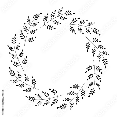 Floral wreath with twigs and leaves. Black and white vector illustration. Design for greeting card, poster, banner and logo with empty space for text.