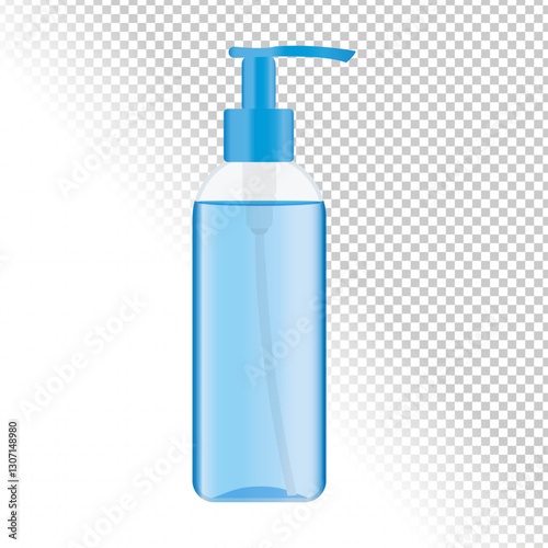 Dispenser bottle with cleansing gel isolated on transparent background. Plastic pump bottle with a blue liquid inside. Vector illustration