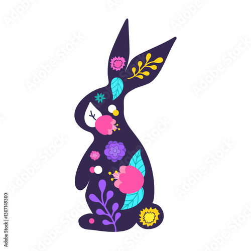 Easter Bunny silhouette decorated with bright flowers. Happy Easter Day. Hand drawn vector illustration