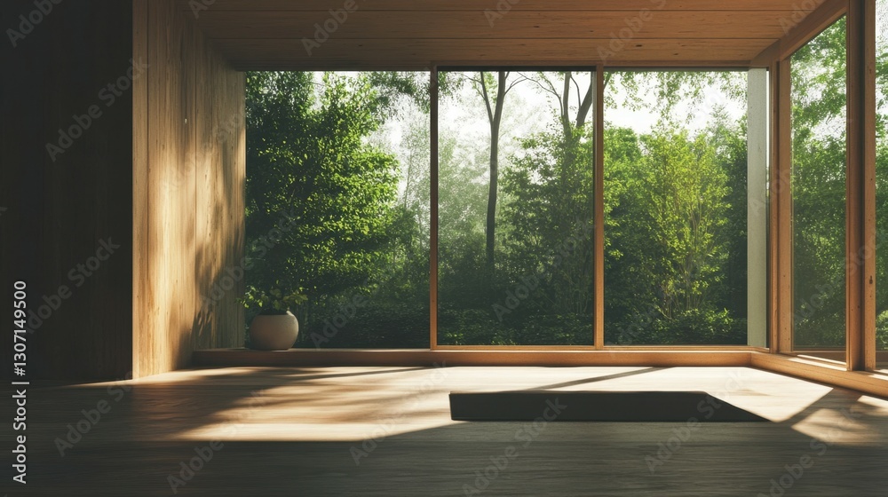 Obraz premium A serene, minimalist room with wooden architecture and large windows showcasing greenery outside.