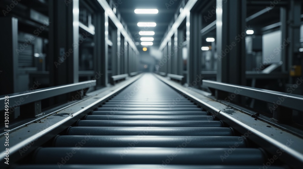 Industrial Conveyor Belt System: A Glimpse into Efficient Automated Material Handling in a Modern Factory Setting. Long perspective. Industrial Conveyor Belt System: A Glimpse into Efficient Automated Material Handling in a Modern Factory Setting. Long perspective.