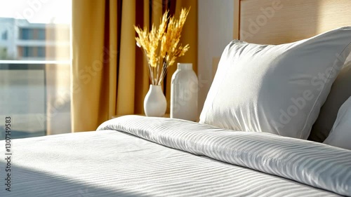 Cozy Bedroom Decor with Neatly Made Bed, Soft Pillows, Decorative Vase of Flowers, and Sunlight Streaming Through Curtains for Serene Atmosphere