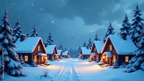 Wallpaper Mural Enchanted Winter Village Scene Cozy Cabins Glimmering Under a Starlit Sky, Snow-Covered Pathway Leading to Tranquil Forest Torontodigital.ca