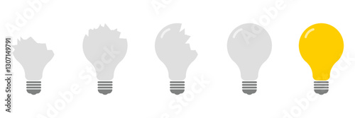 Shattered To Whole Light Bulb Evolution Icon Set. Broken And Fixed Bulbs Symbol Collection. Isolated Vector Illustration