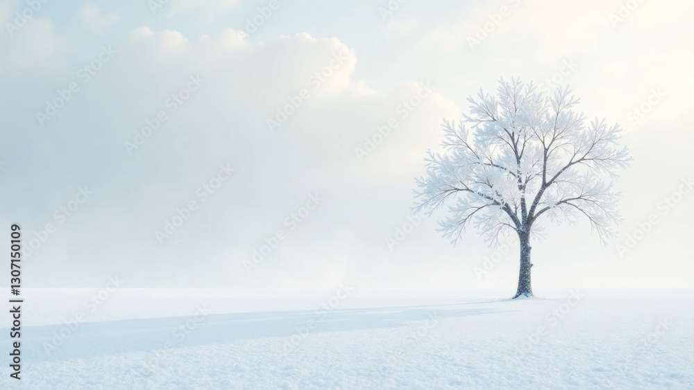 Serene Winter Landscape A solitary frost-covered tree stands in a vast, snow-covered field under a pale winter sky.
