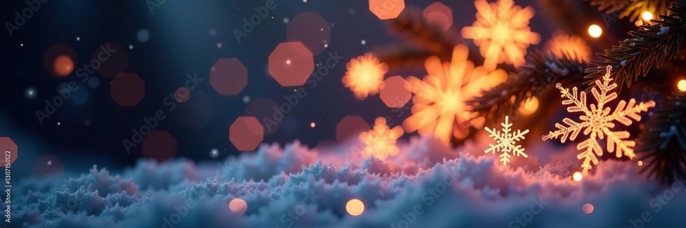 Sparkling snowflakes blur with festive lights, holiday glow, sparkly decor Sparkling snowflakes blur with festive lights, holiday glow, sparkly decor