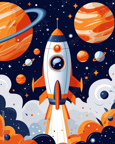 orange theme Space exploration theme kids party invitation plain modern flat illustration background with copy space backdrop