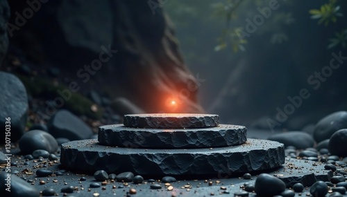 Ancient wisdom sits atop a pedestal of dark stone, minimalist, background, ancient
