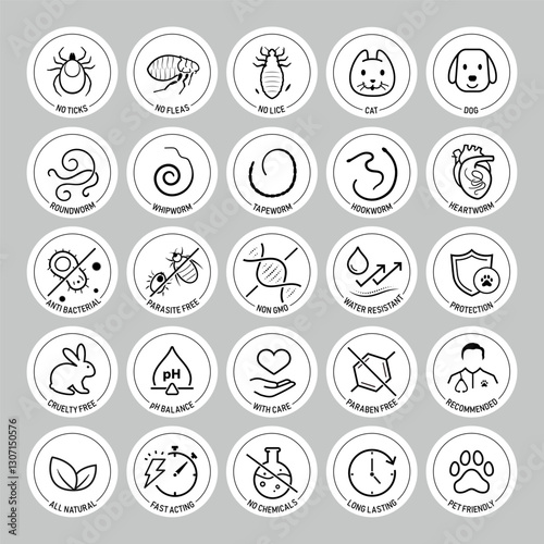 Set of vector icons focuses on pets parasites and worms. The icons are designed to be versatile, suitable for use in informational materials, veterinary goods, pet care, apps, and more. EPS10.
