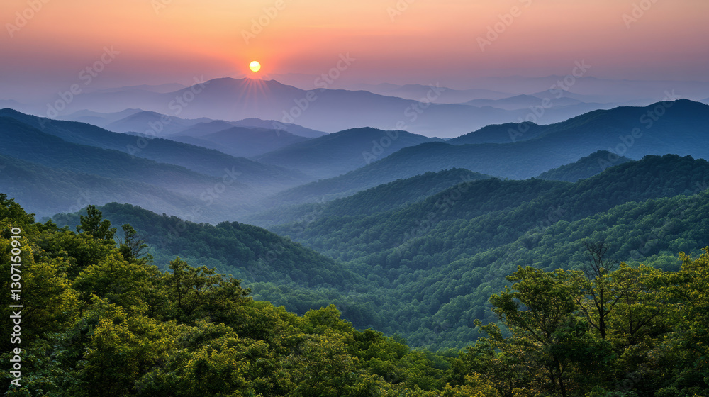 Obraz premium Scenic mountain landscape with misty peaks, dense forest, and golden sunrise. A tranquil nature scene perfect for travel, adventure, and relaxation.