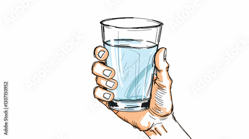 Hand holding a glass of water, sketch illustration