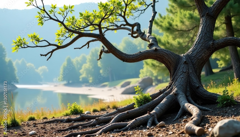 Dead tree branch with exposed roots and decaying branches, branches, nature, wood Dead tree branch with exposed roots and decaying branches, branches, nature, wood
