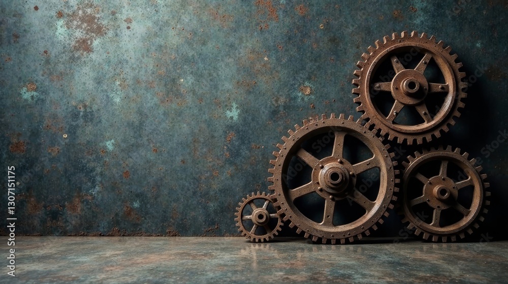 Obraz premium Rusty Gears Interlocking Against Weathered Metallic Background A Study in Industrial Texture