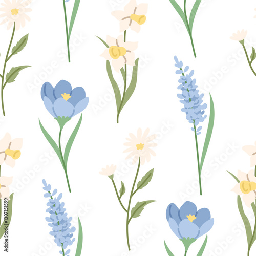 Wildflowers pattern. Narcissus, lilac, chamomile