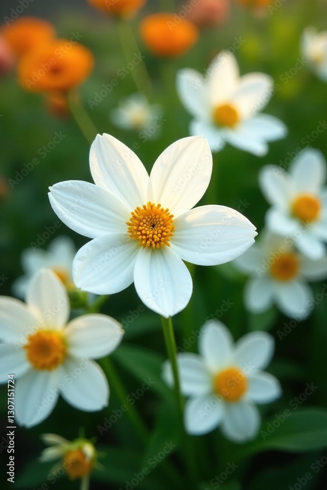 White petals with golden centers blooming in a flower bed, greenery, blooms, garden bed White petals with golden centers blooming in a flower bed, greenery, blooms, garden bed