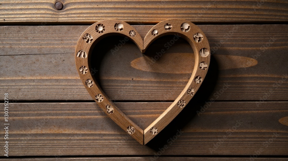Intricately Carved Wooden Heart Shape Adorned with Symbolic Designs on Rustic Wooden Background Intricately Carved Wooden Heart Shape Adorned with Symbolic Designs on Rustic Wooden Background