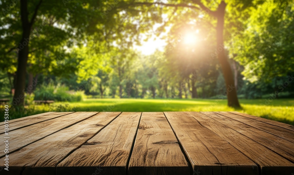Wooden Table in Lush Green Park Setting with Sunlight Streaming Through Trees