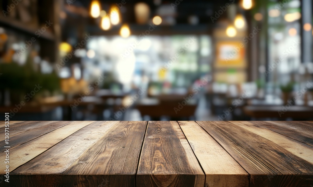 Rustic Wooden Table Top with Blurred Restaurant Background for Mockups