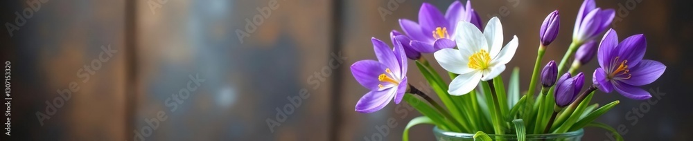 Fresh Spring Flowers of Scilla bifolia and Primula vulgaris in a Glass Container, alpine, squill Fresh Spring Flowers of Scilla bifolia and Primula vulgaris in a Glass Container, alpine, squill