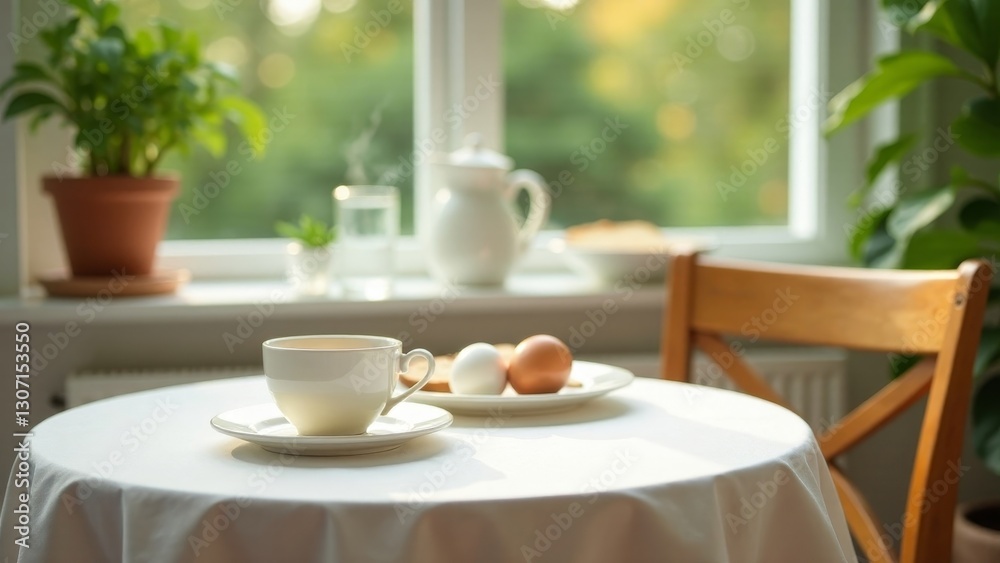 Fototapeta premium A peaceful morning breakfast scene featuring a steaming cup of tea, freshly cooked eggs, and sunlight streaming through a window