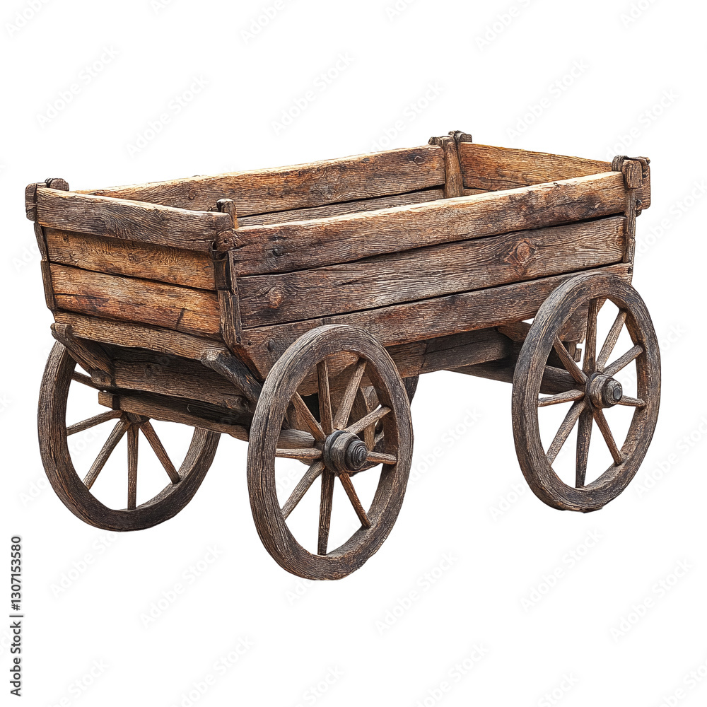 Obraz premium A weathered wooden cart with two wheels and a flatbed.