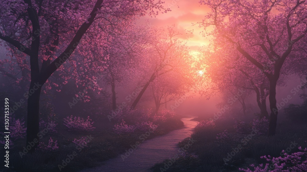 Naklejka premium Enchanting Pathway Through Pink Cherry Blossom Trees in a Misty Forest at Sunset