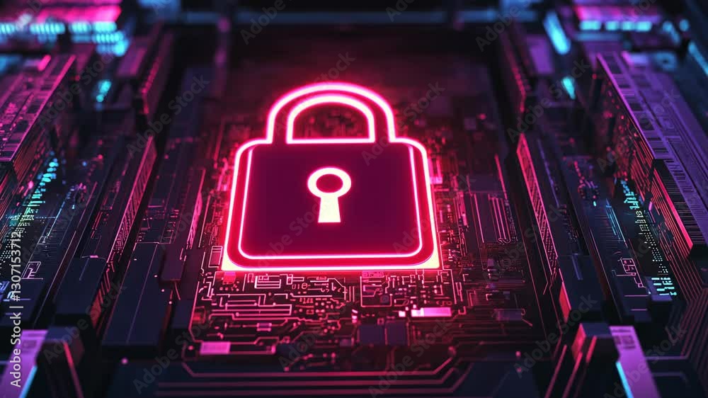 Cybersecurity concept showcasing digital lock symbol glowing on a motherboard