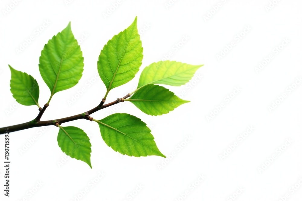 A branch with a few leaves isolated on white background, green, tree branches A branch with a few leaves isolated on white background, green, tree branches