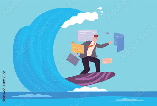 Businessman surfing internet. Business man surf on binary numbers digital wave, computer data analysis online programming virtual ocean engineering challenge vector illustration