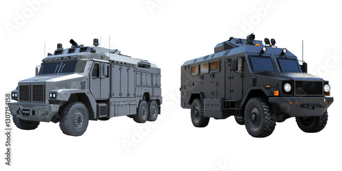 Two armored trucks for secure transport, showcasing robust design