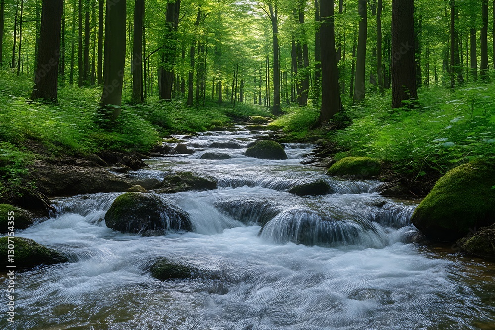 River Flows, Forest Scene River Flows, Forest Scene