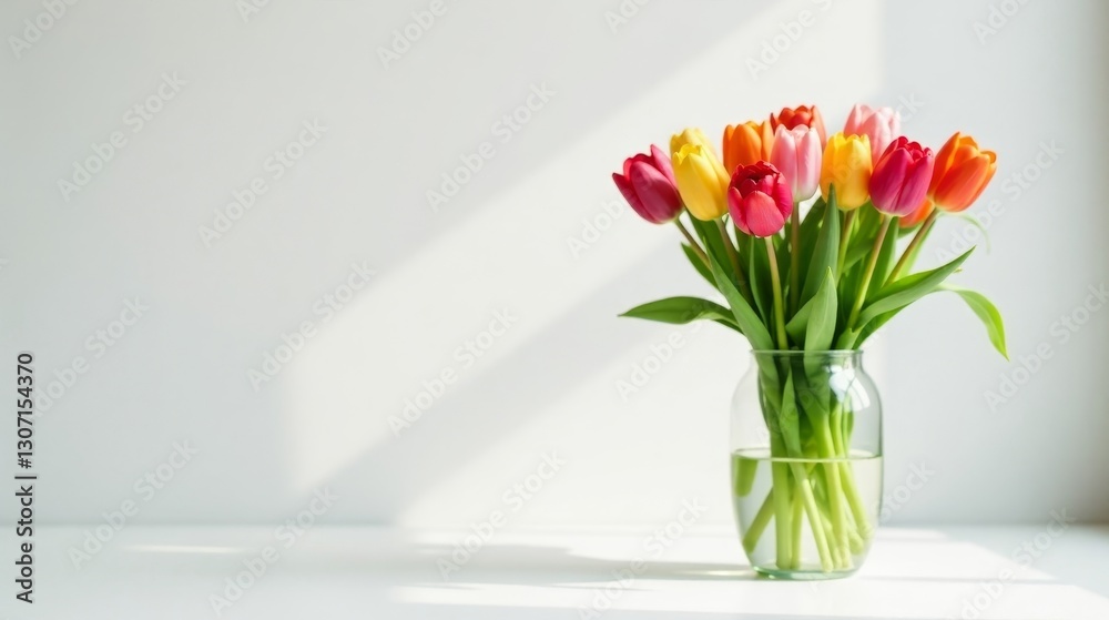 A vibrant bouquet of spring tulips in a clear glass vase, bathed in sunlight against a bright white wall, creating a cheerful and serene atmosphere. A vibrant bouquet of spring tulips in a clear glass vase, bathed in sunlight against a bright white wall, creating a cheerful and serene atmosphere.