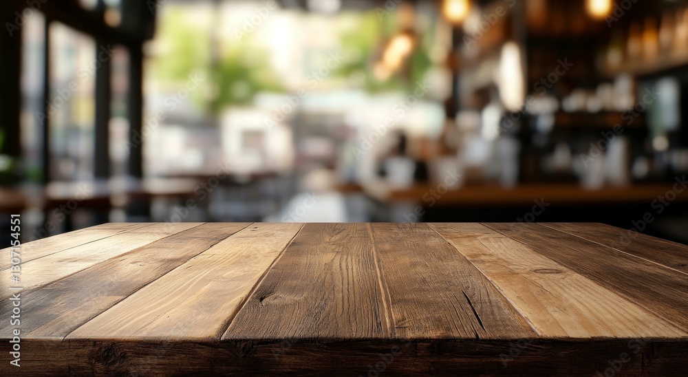 Rustic Wooden Tabletop Surface with Blurred Cafe Background for Product Display Rustic Wooden Tabletop Surface with Blurred Cafe Background for Product Display