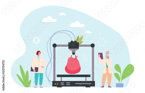 Medical 3d printing. Healthcare medicine prosthetic revolution, printer machine print human organs or prosthesis in hospital lab innovation technology vector illustration