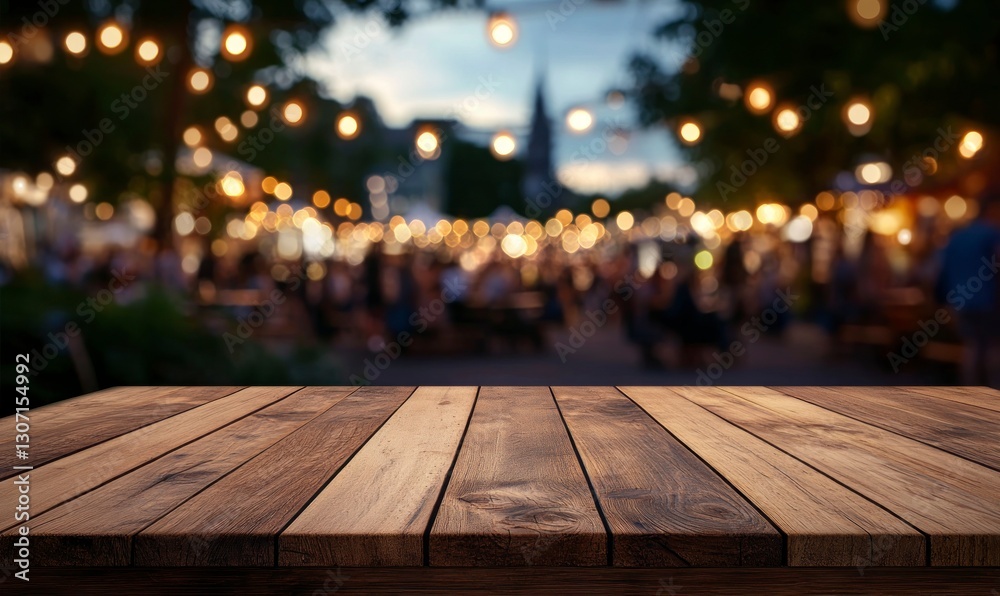 Wooden Tabletop with Blurred Night Market Background and Decorative Lighting Wooden Tabletop with Blurred Night Market Background and Decorative Lighting