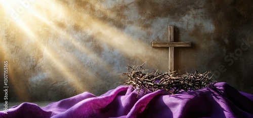A Somber Purple Cloth Draped With A Crown Of Thorns And A Rustic Wooden Cross, Bathed In Ethereal Sunlight, Evokes The Profound Sacrifice And Spiritual Reflection Of Holy Week