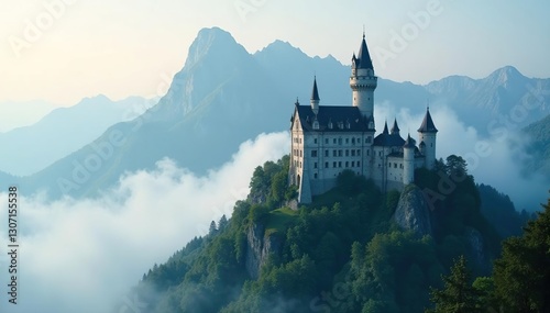 An imposing castle built atop a mountain peak shrouded in mist and clouds, imposing, castle, mountain